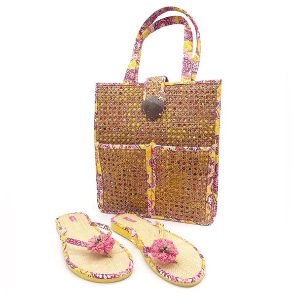 Vera Bradley Tiki Tote & Matching Straw Flip Flop Set in Bali Gold Size Large - Picture 1 of 16